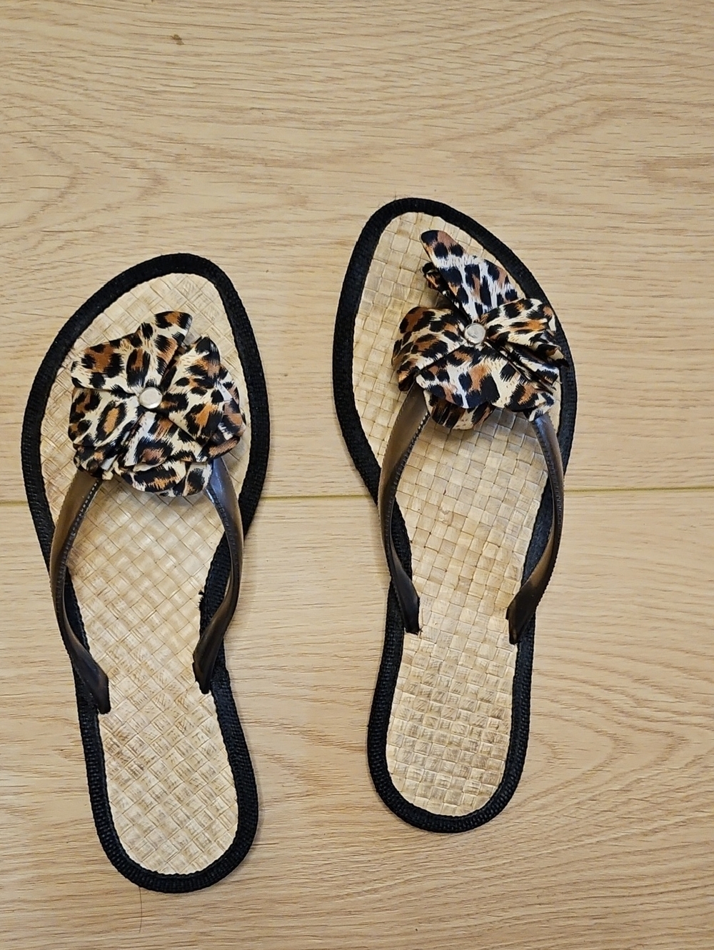 Leopard-Print Flower Flip Flop Sandals - Women. Made In The Philippines.